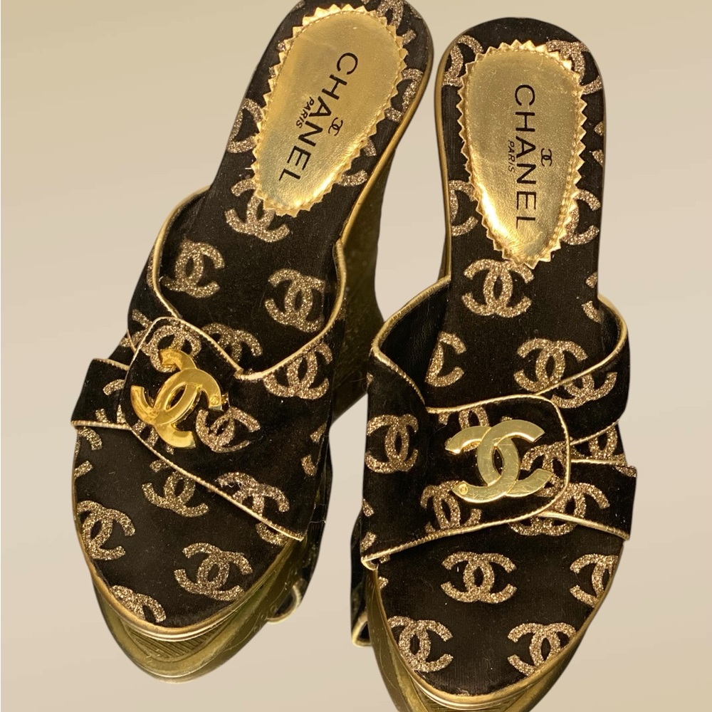 SOLD
Monogram Gold Wedge Heel Shoes – Y2K Glam Statement Heels